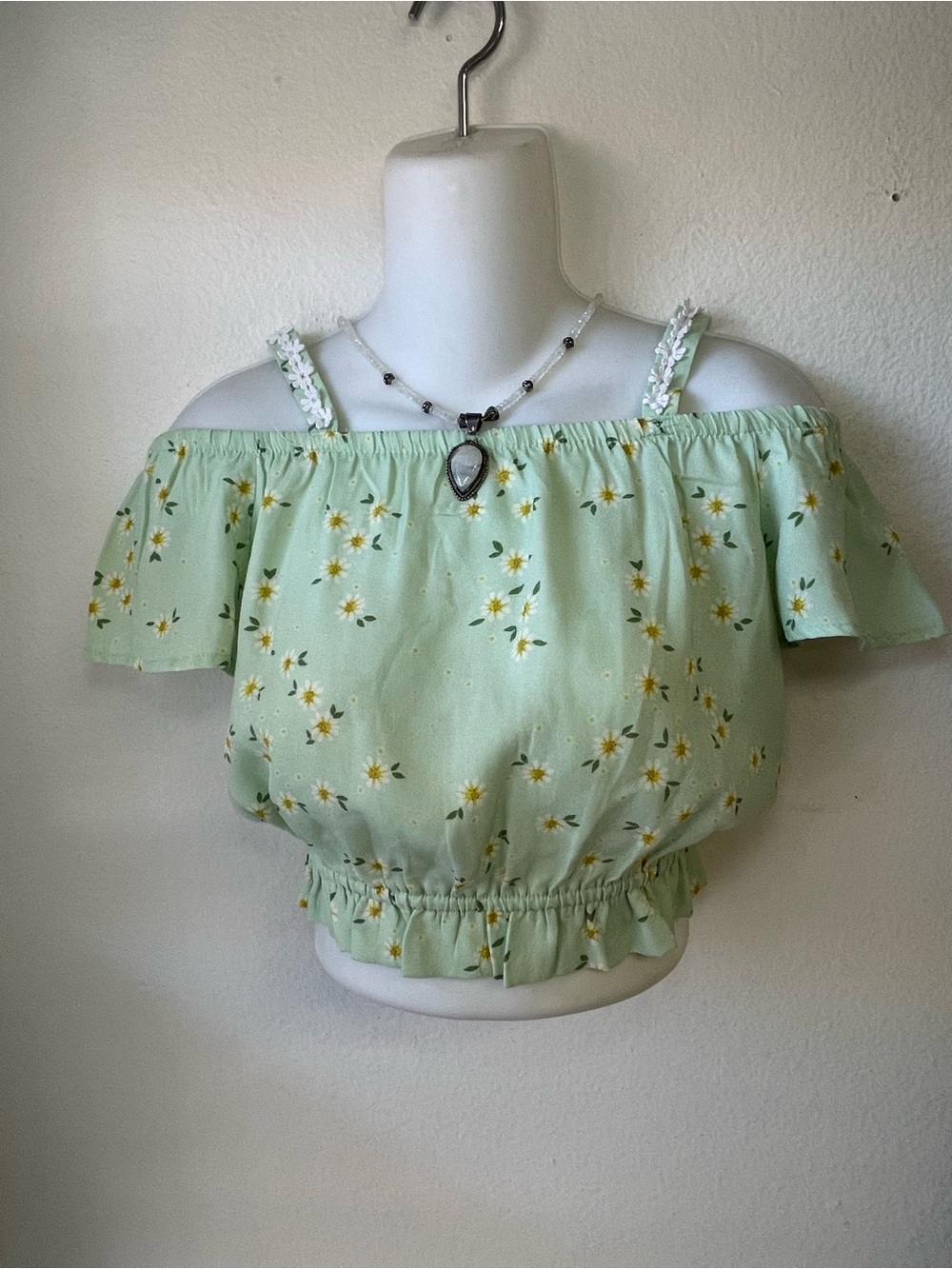 Girls' Mint Floral Off-Shoulder Ruffle Crop Top